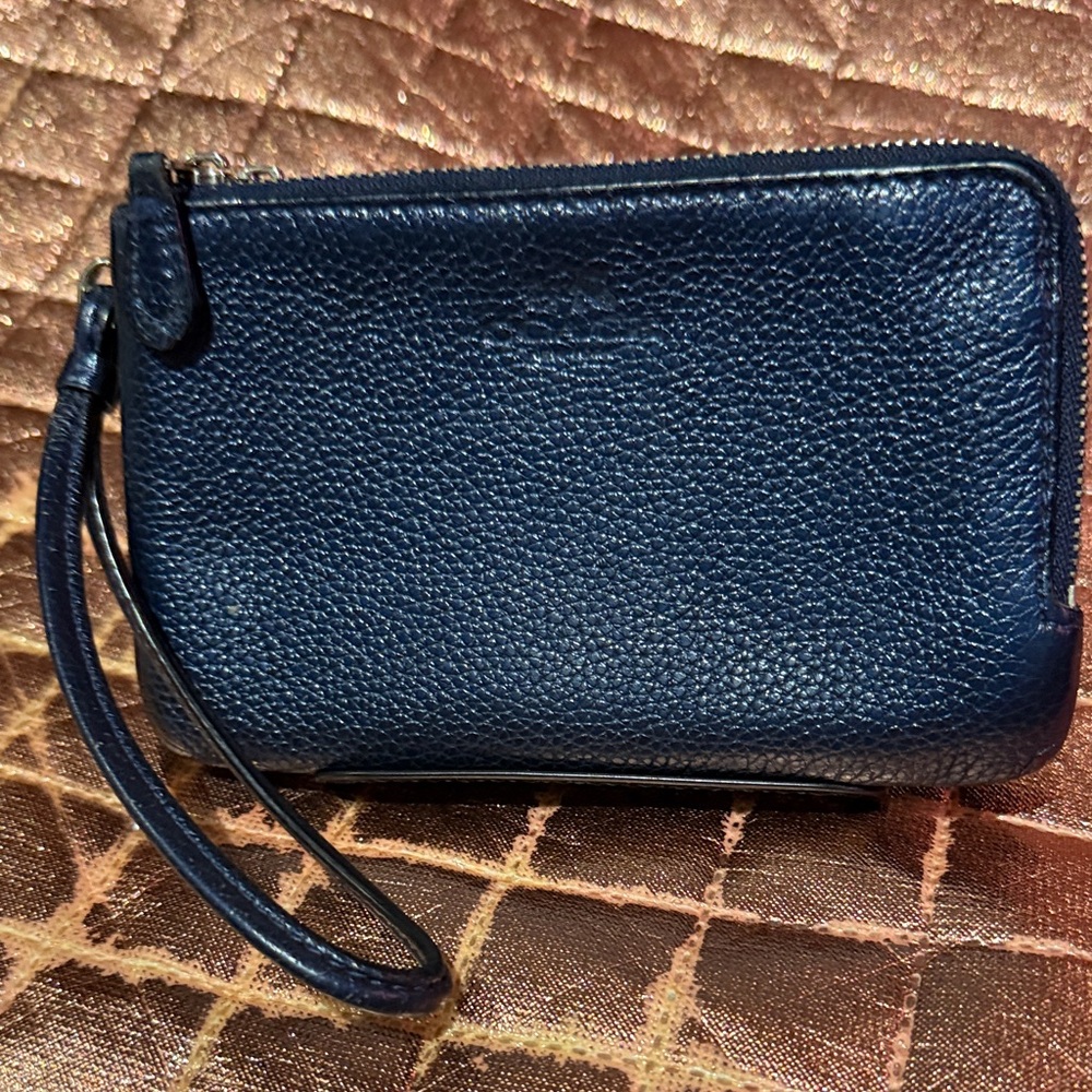 Coach Midnight Blue Leather Double Zipper Wristlet